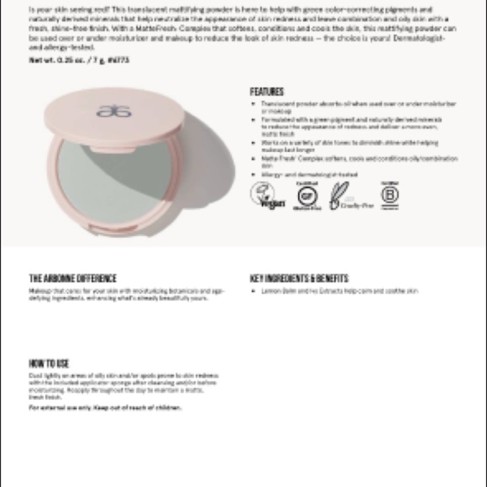 Arbonne Redness Rescue Mattifying Powder